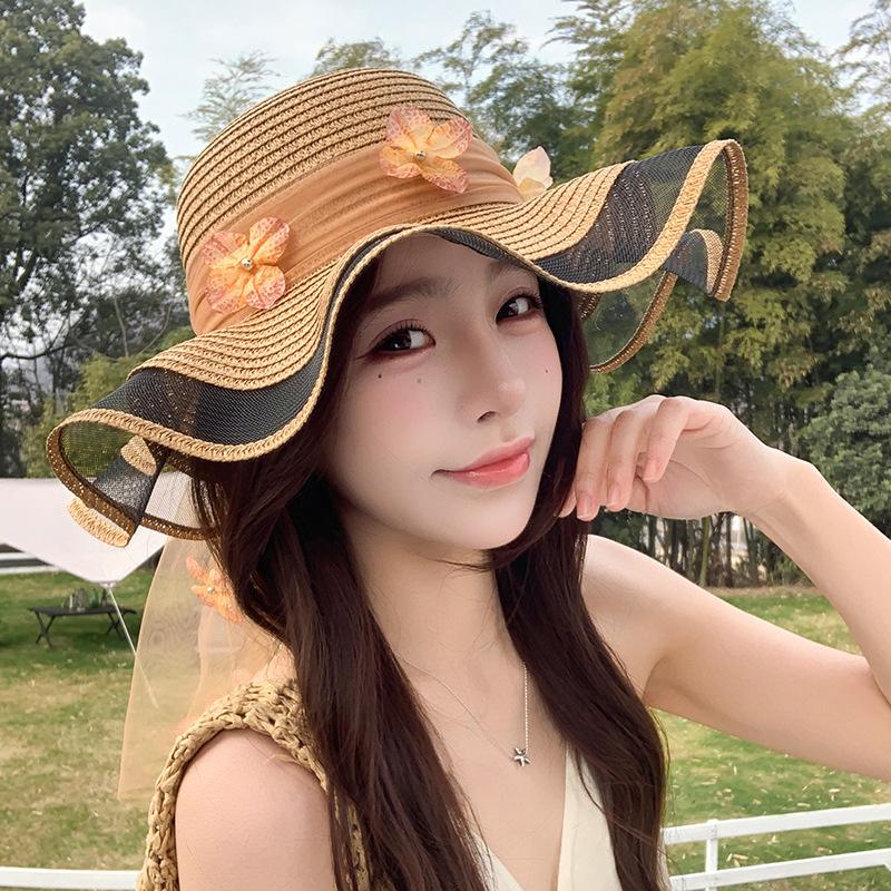 

Straw hat women s summer seaside big brim sun hat new outdoor travel leisure wave three-dimensional flower streamer sun hat One size fits all хаки