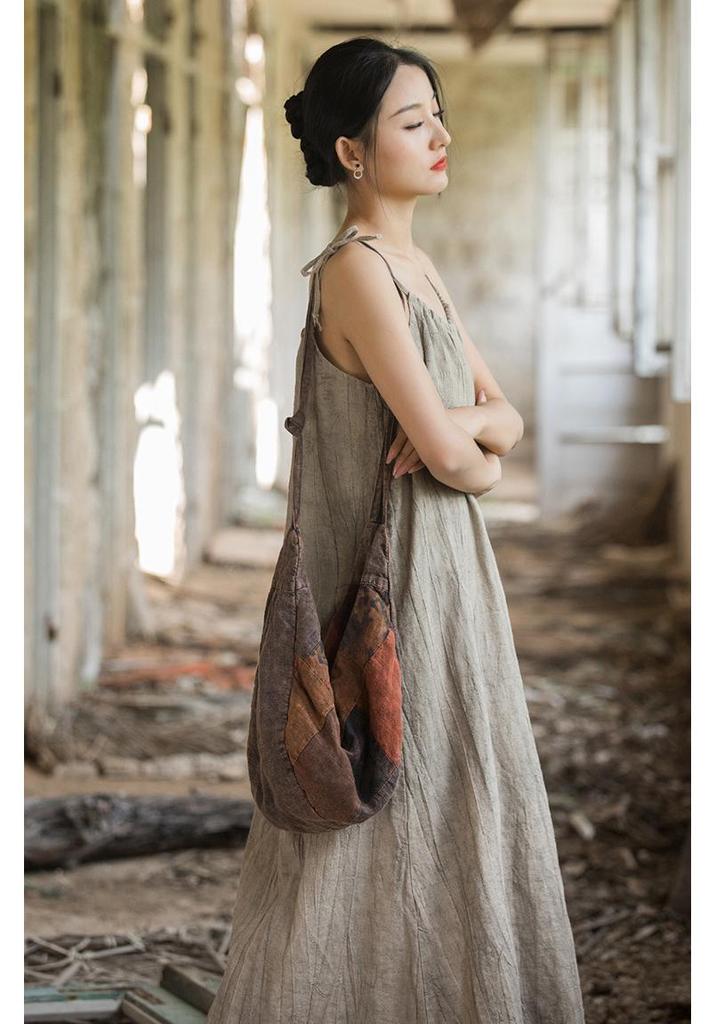 Linen Tie-Dye Adjustable Strappy Dress - Retro French Elegant Casual Wear for Spring and Summer