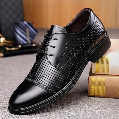 Men's Business Breathable Hollow Men's Casual Leather Shoes Korean Style Trendy Black Front Lace-up Men's Shoes