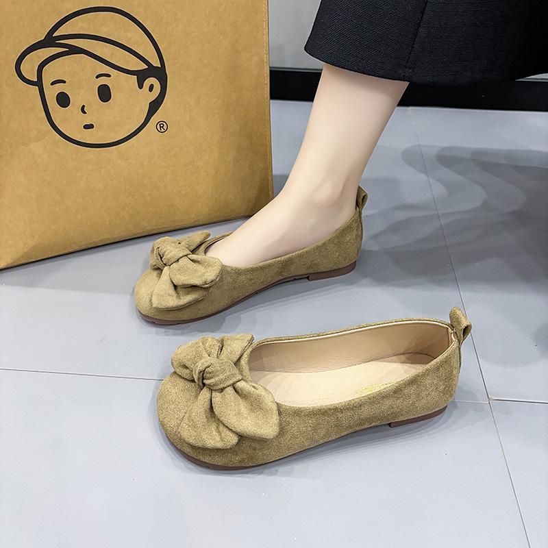 Modische flache Pumps mit Schleife für Damen, neue runde Spitze, flacher Boden, rutschfeste weiche Sohle, Bohnenschuhe, Frühling und Herbst 2025