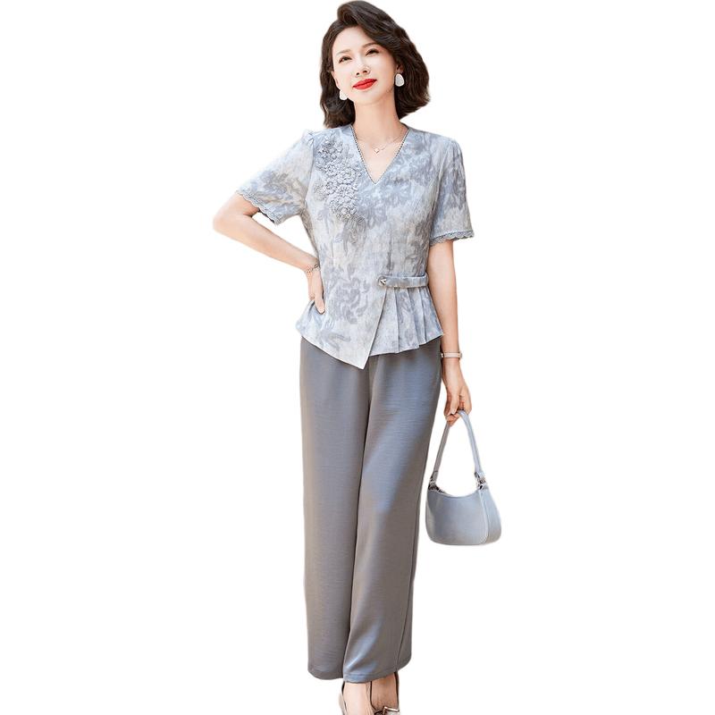 Jianhu Mid-Aged Women's Summer T-shirt & Casual Pants Set