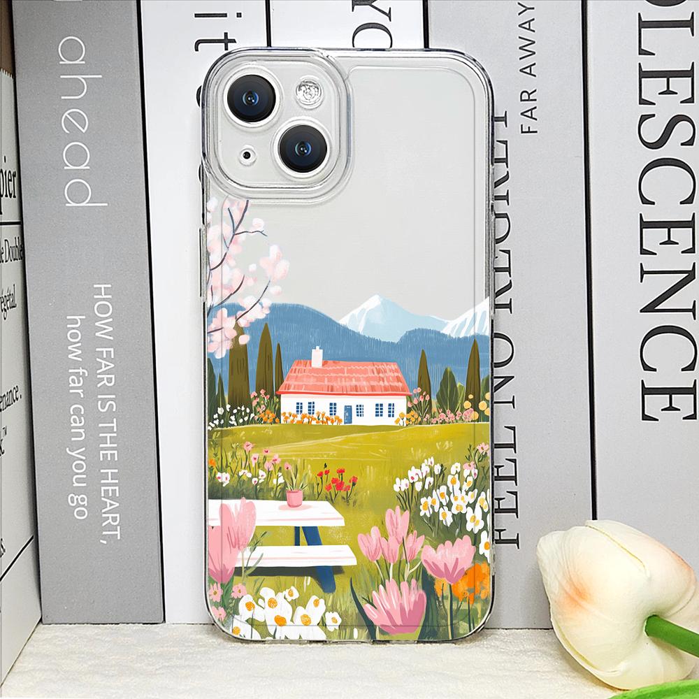 Pink House Holiday Home Grange Scenery Phone Case for iPhone 17 16 15 14 11 12 13 Pro Max 7 8 Plus 12 13 Mini X XS XR Soft Cover