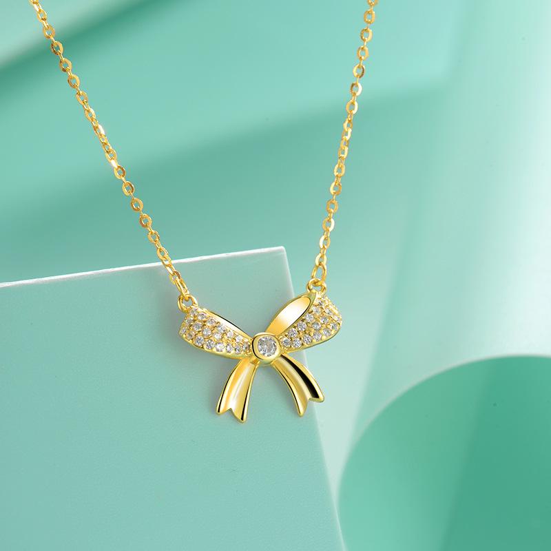 S925 silver bow necklace women's fashion bow zircon pendant niche design sense collarbone chain jewelry fashion