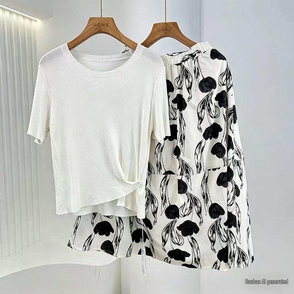 6169 Summer Chic Slimming Short-Sleeve Top & Half Skirt Set