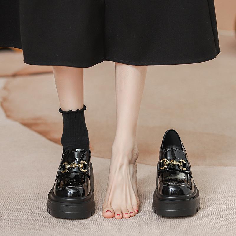 Dámské lakované mokasíny nazouvací se skrytou silnou podrážkou a extra vysokými podpatky - Britský styl, Černé, Velikost 33.