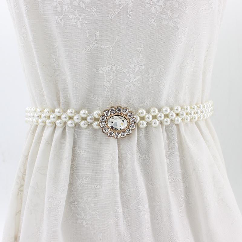 Women'S Rhinestone Pearl Waist Chain Dress Decorative Elastic Belt Women'S Sweet Flower Elastic Waist Seal