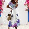 Women Plus Size V Neck Short Sleeve Floral Butterfly Print White Straight Long Dress