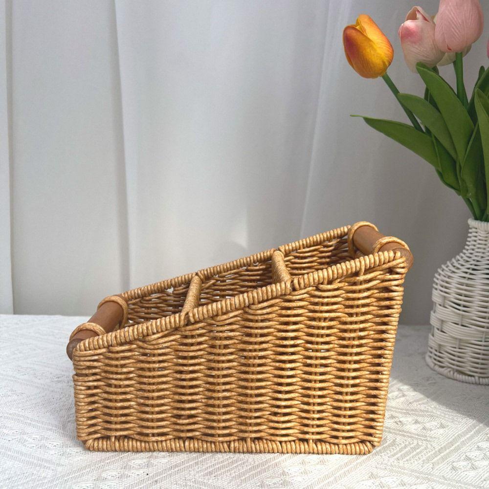 Multi-porpose Compartmentalized Storage Box Brown Plastic Sundries Organization Box Bevel Step Divided Grids Weaving Basket