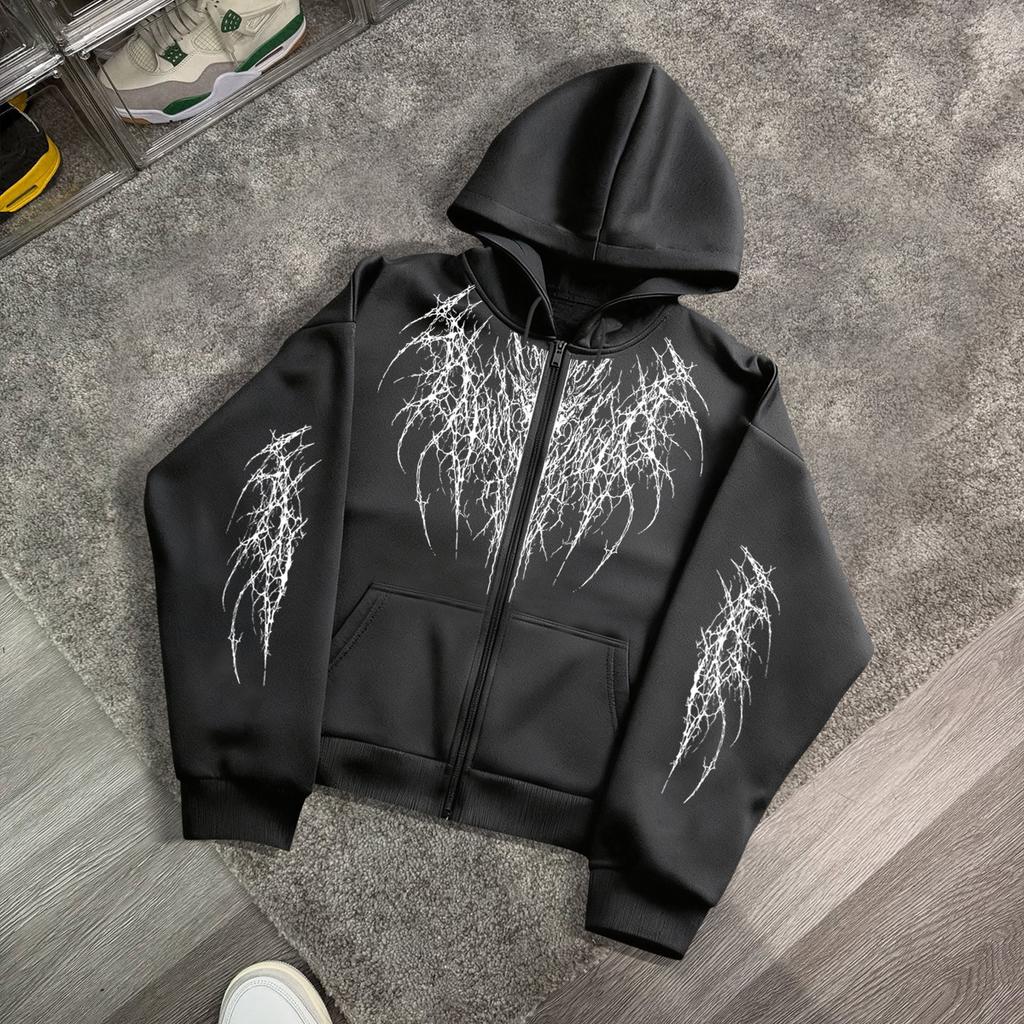Hip-Hop Streetwear Marke: Kapuzenpullover mit 'Dark Thorns'-Print; lockerer, vielseitiger Reißverschluss-Pullover für Paare