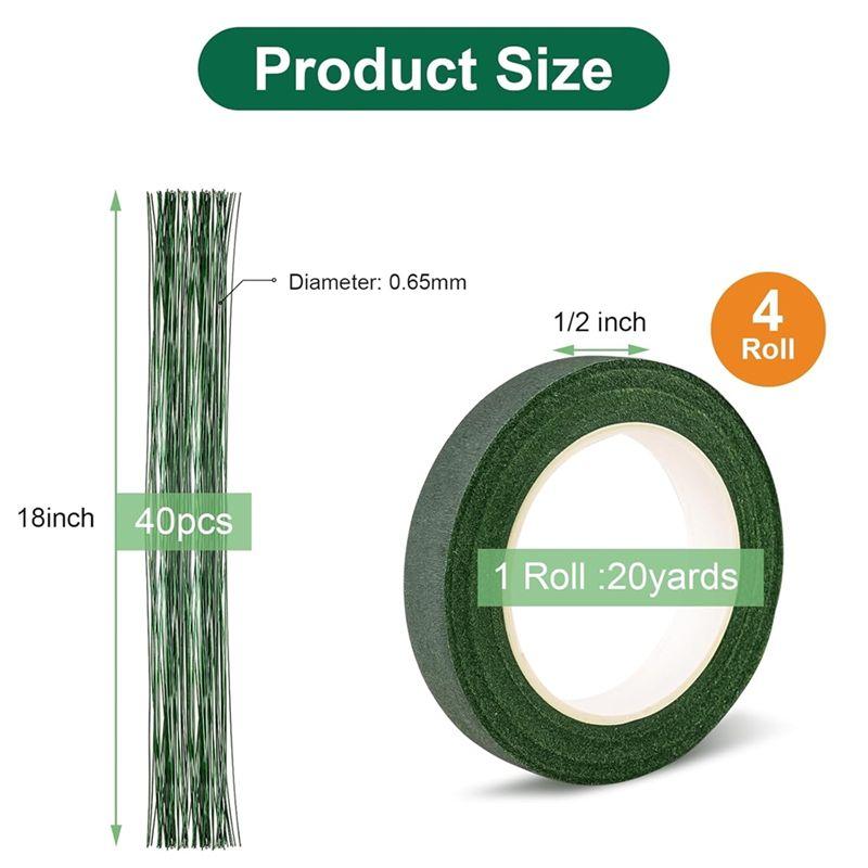 Floral Wire And Flower Tape Kit- Includes 4 Rolls Of Flower Tape And 40 Flower Stems Wires For Bouquet Wrapping