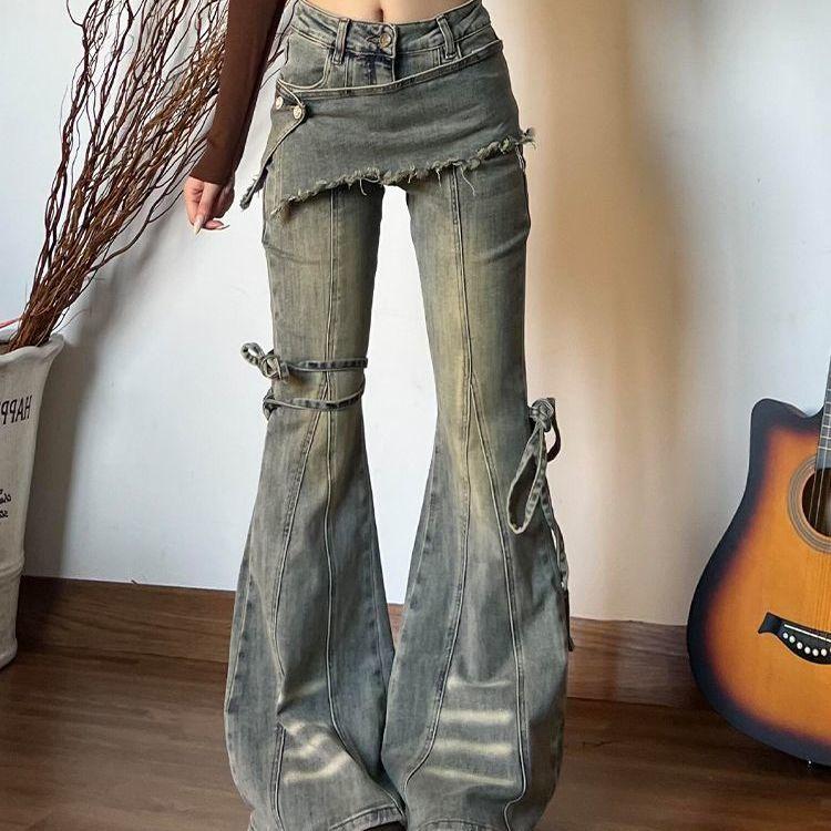 Jeans a zampa alla moda da High Street Donna Pantaloni in denim strappato Design bootcut Look vintage trendy