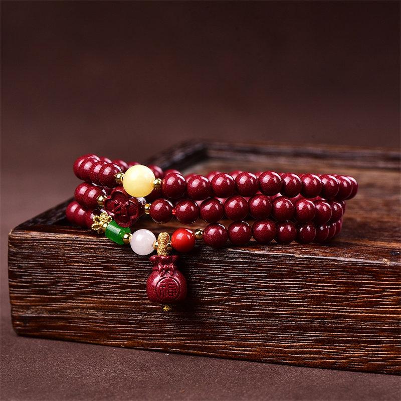 Authentic Cinnabar Bracelet for Men and Women, Three-Layer Fortune Character Cinnabar Multi-Layer Lotus Pendant Bracelet Purple gold sand ordinary