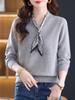סוודר צמר סתיו עם צווארון V - אופנת נשים אופנתית, ביגוד בסיס רב-תכליתי לאמהות
