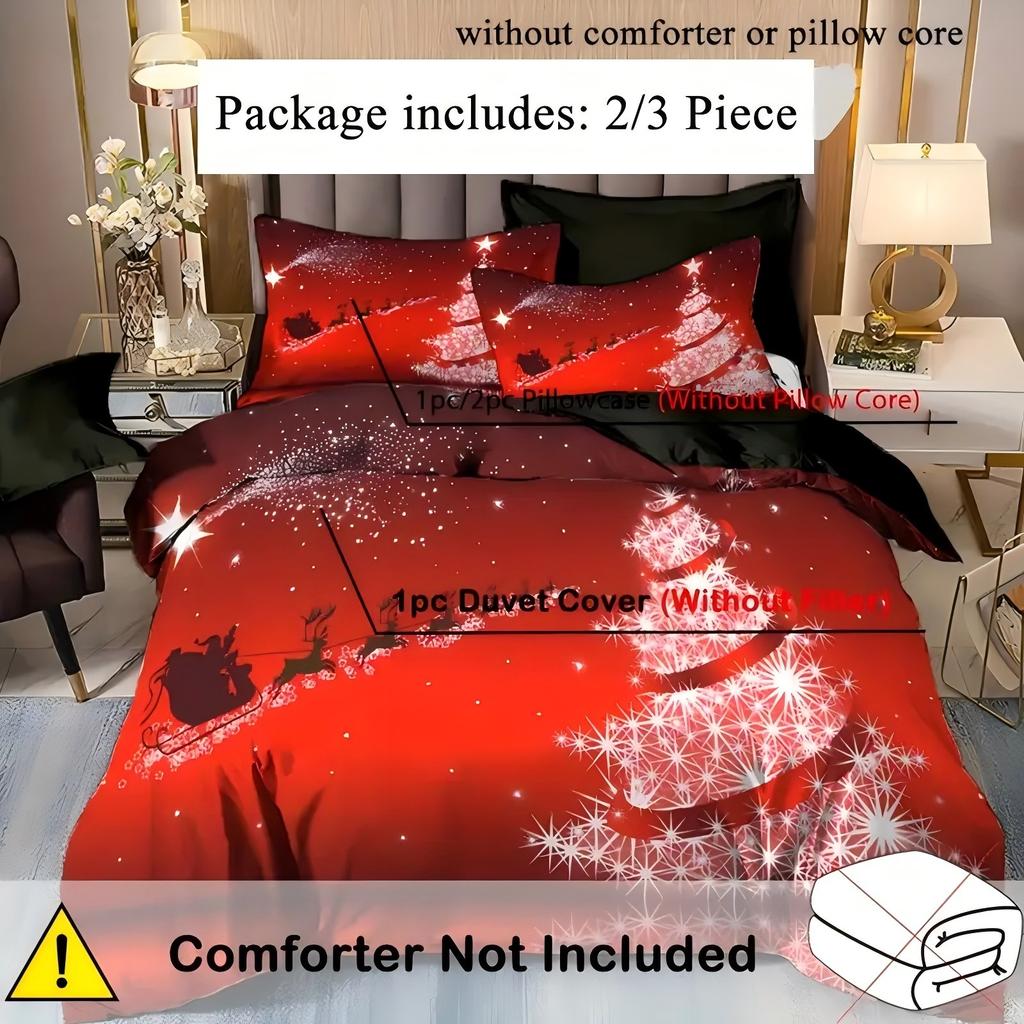 Red Deer Snow Pine Tree Pattern 3D Printed Duvet Cover Set Cartoon Christmas Theme Quilt Cover Set Soft Comfortable Bedding Set