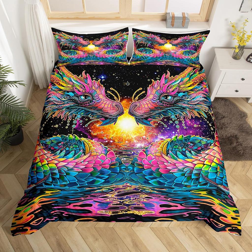 Fire Dragon Duvet Covers For Kids Teens Queen King Size Lightweight Quilt Covers Mythical Animals Pattern Bedding Set Room Decor
