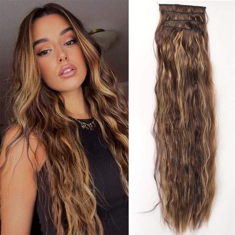 

Набор из 4 длинных волнистых синтетических накладных волос на клипсах для наращивания волос черного блонда, накладные волосы для женщин, аксессуары для волос