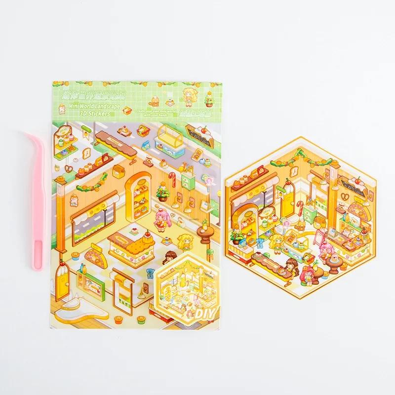 Cartoon Landscape Sticker Mini World DIY Pocket 3D Cabin Scene Stacking Pasting Christmas Birthday Gift for Kid Child
