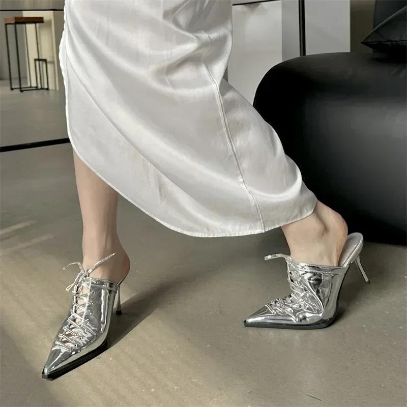 Fashion New Sexy T-tied Lace-up Pointed Toe Women Pumps Slippers 2025 Summer Elegant Thin High Heels Party Prom Mules Shoes for Women