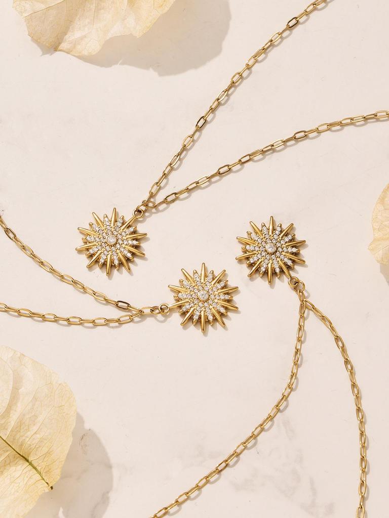 INS Inspired Design: 5A Zircon Star and Sunflower Brooch & Necklace Bracelet Set