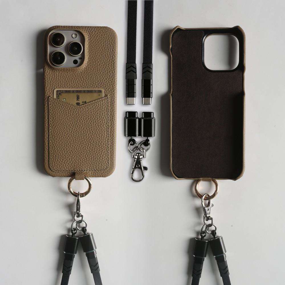 Multifunktionales Ladekabel-Lanyard Echtes Lederhülle Für iPhone 16 Pro Max 15Pro 11 13 12 14Pro Umhängeband Kartenfach