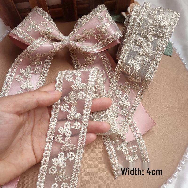 Beige 4cm Embroidered Lace Trim Bow for Hair Accessories, Lolita Ornaments, Bouquet Decoration, Ribbon Craft.