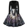 Women Casual Vintage V Neck Dress Long Sleeve Halloween Print Retro Style Midi Dress with Waist Tie Belt