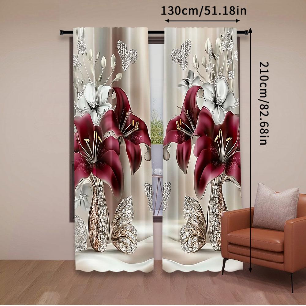 Elegant Stylish White Red Floral Printed Curtains Suitable Bedroom Kitchen Dining Room Living Study Set Of 2 Made Polyester Sitting Decor