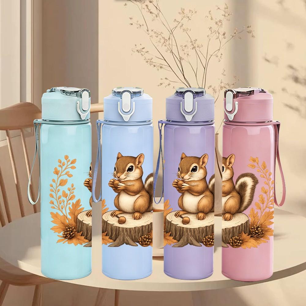 1PC Tree Stump Squirrel Cartoon 750ml Color Plastic Sports Water Bottle Leakproof Flip Straw Lid Suitable for Sports Office Home Use