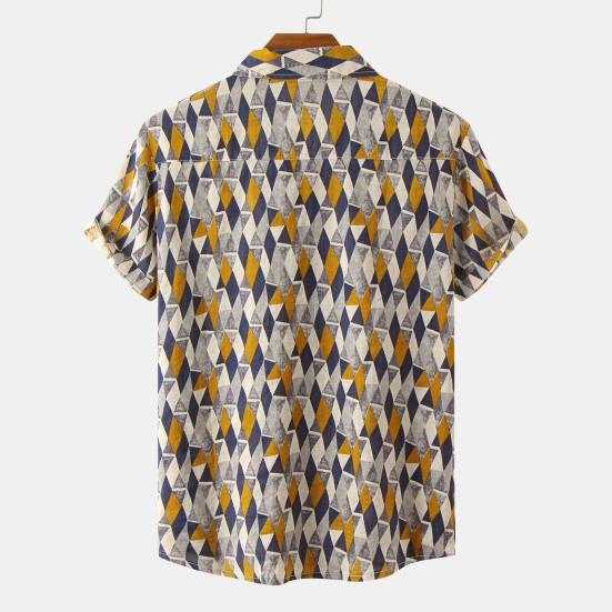 Men Shirt Vintage Style Geometric Print Colorful Turn-down Collar Summer Top Male Garment