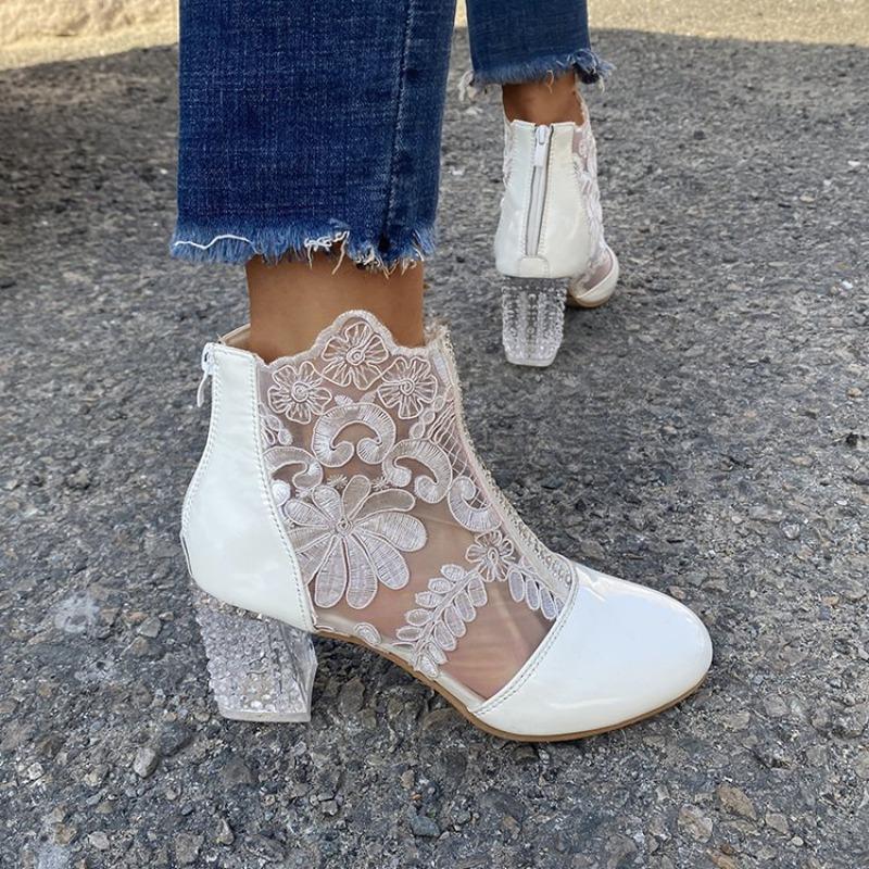 Fashion Boots Women's Mesh Floral Embroidery Clear Chunky Heel Boots Pointed Toe Platform Short Boot Mid Thick Heeled Pumps Zapatos
