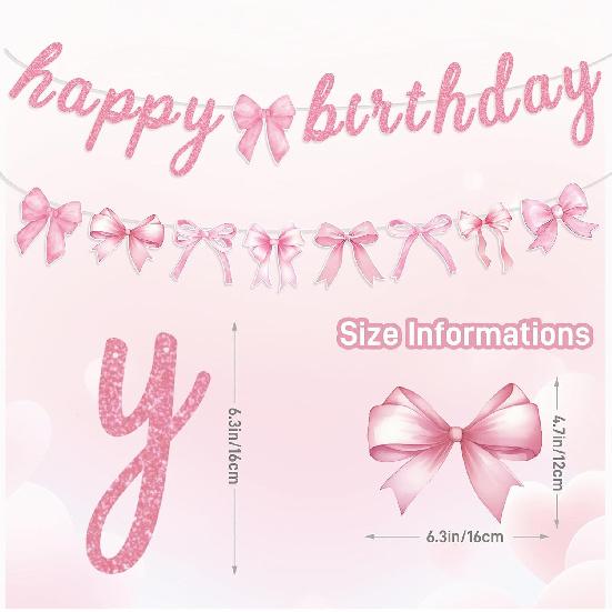 Pink Bow Happy Birthday Banner Garland and Hanging Swirls for Girl Pink Bow Coquette Birthday Party Decorations