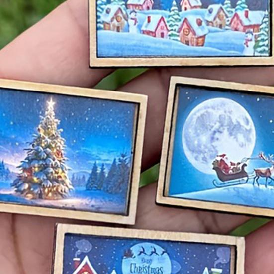 Mini Framed Christmas Pictures Wooden Xmas Scenes Decorations Miniature Framed Christmas Ornaments for Festive Decor DIY Craft