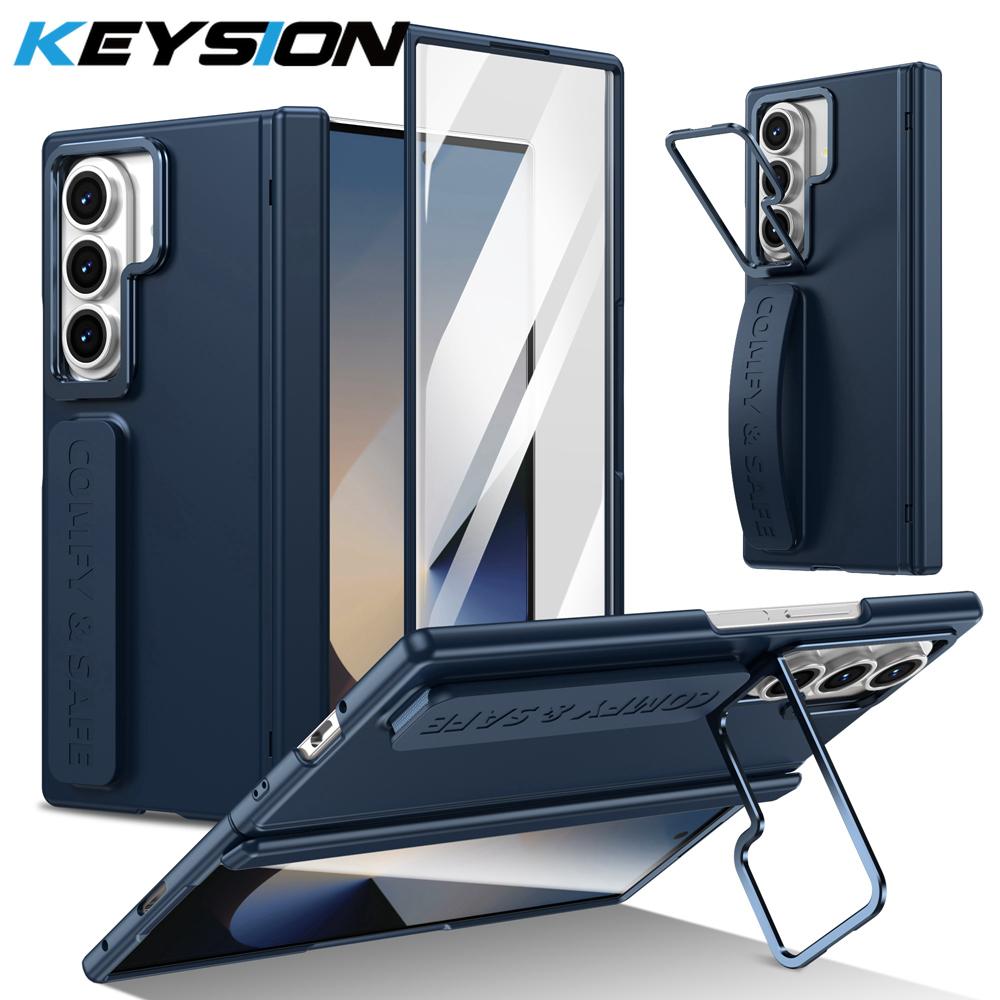 KEYSION Wristband Phone Case for Samsung Galaxy Z Fold 7 6 5 4 3 Kickstand Hard PC Shockproof Cover With Hinge Screen Protector