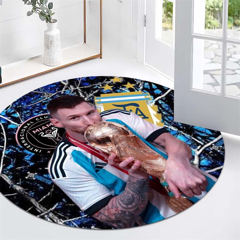 World Cup Trophy Soccer Star Portrait Print Round Area Rug Non‑Slip Circular Floor Mat Sport Fan Home Decor for Living Bedroom Gaming Room