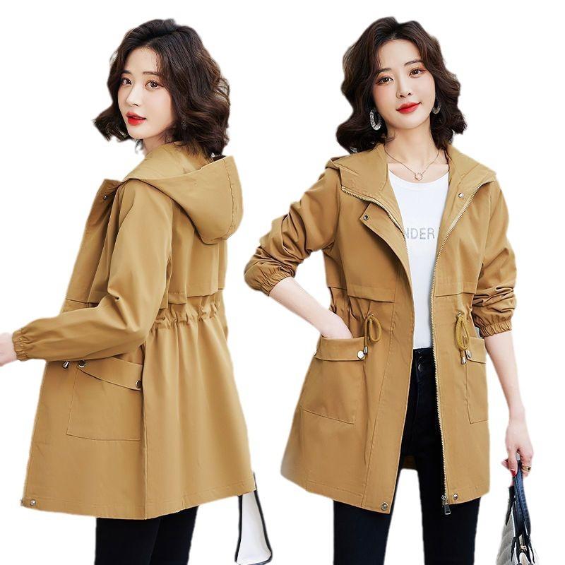 Hooded Mid-length Trench Coats Fashion Drawstring Windproof Jackets Women's Fashion Spring Fall Slim Jacket