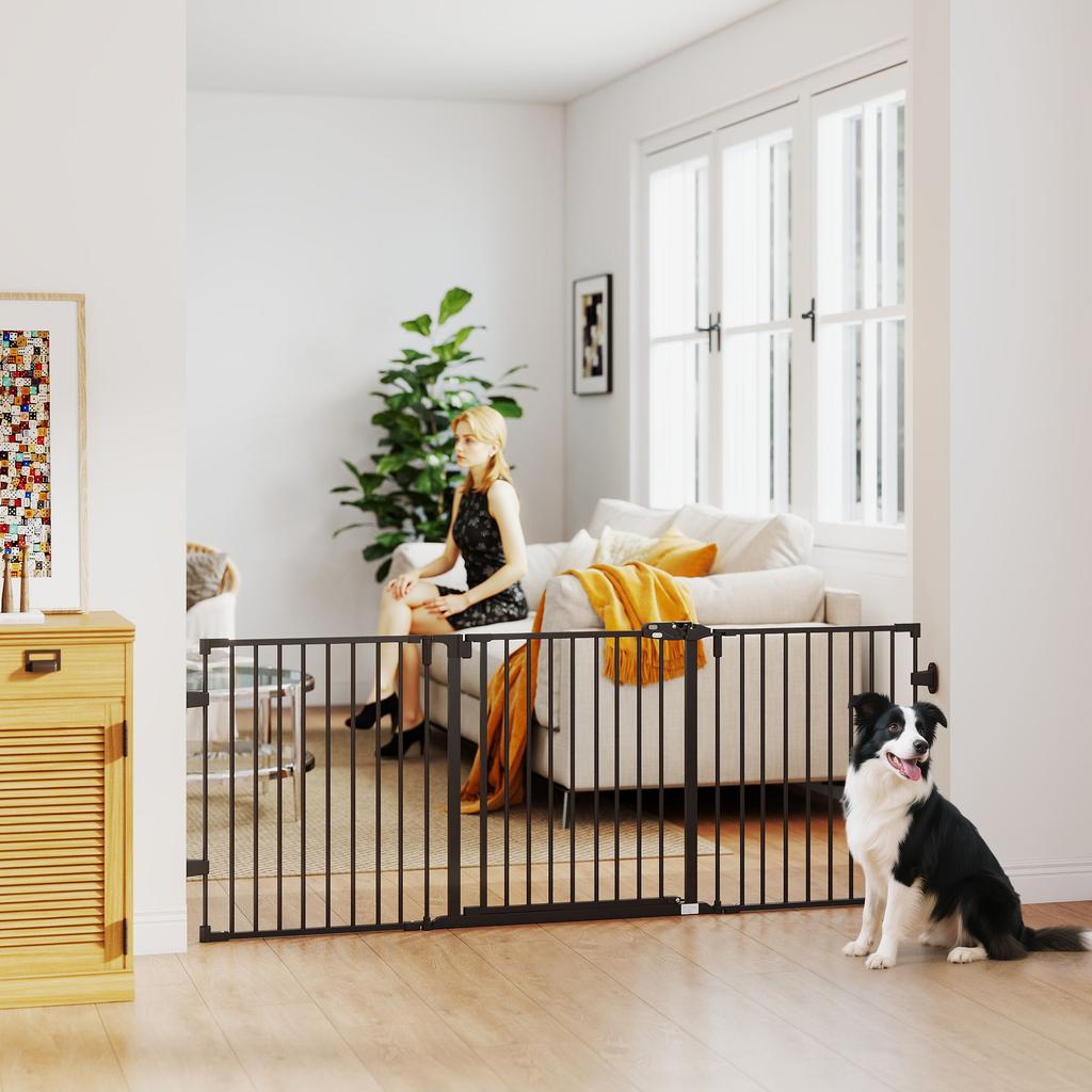 Folding Steel Dog Gate with Automatic Closure, 202.5x2x76cm, Black