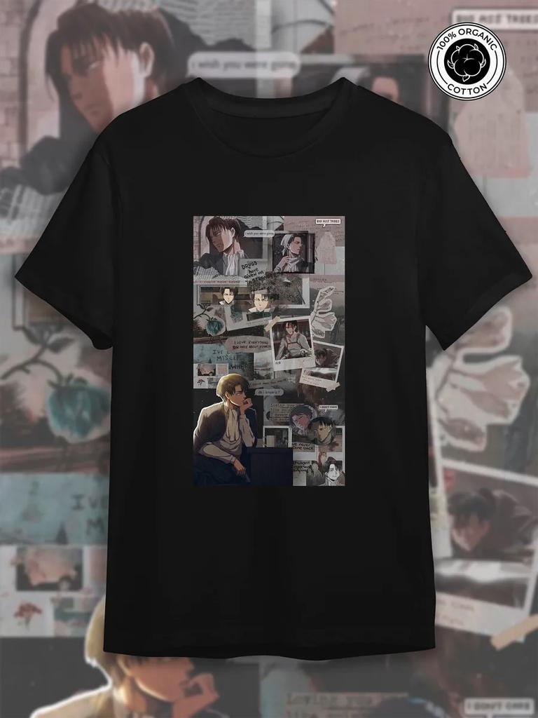 TeeSensation Black Crew Neck Short Sleeve T-Shirt with Levi Ackerman Photo Collage