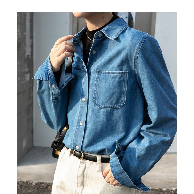 Women's Spring and Autumn Denim Shirt Design Sense Blue Jacket Loose Shoulder Layered French Shirt Long Sleeve