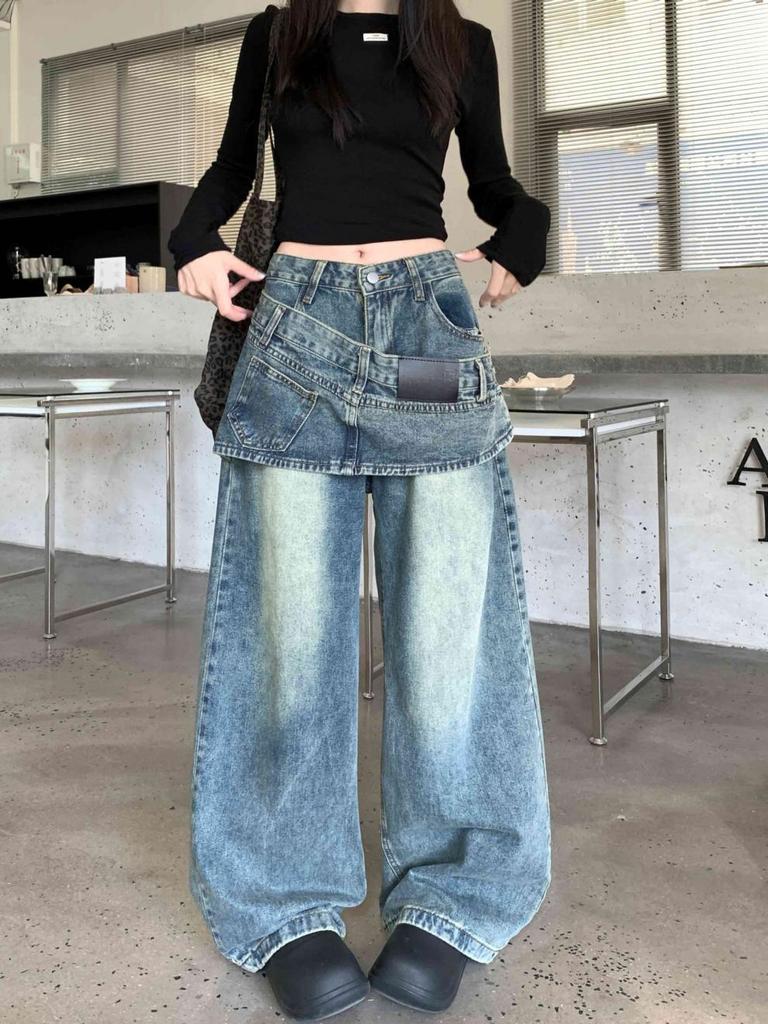 Women's Retro Two-Piece Look Hem Jeans: Loose, Straight-Leg Wide Pants