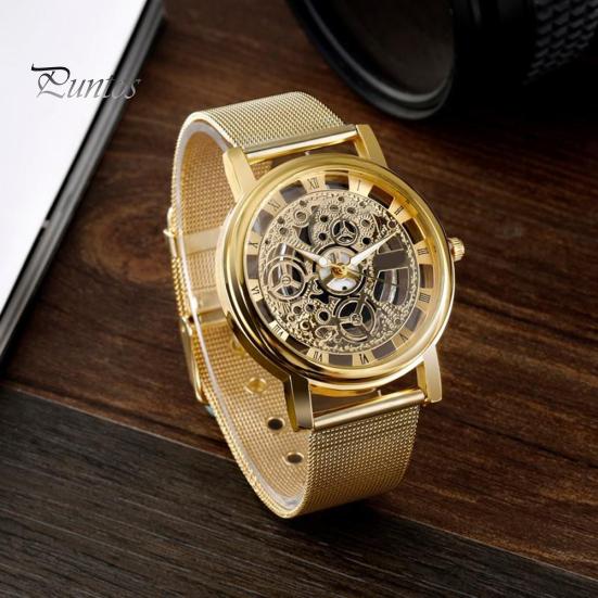 Skeleton Analog Men\'s Luxury Stainless Steel Mesh Band Quartz Wrist Watch Gift