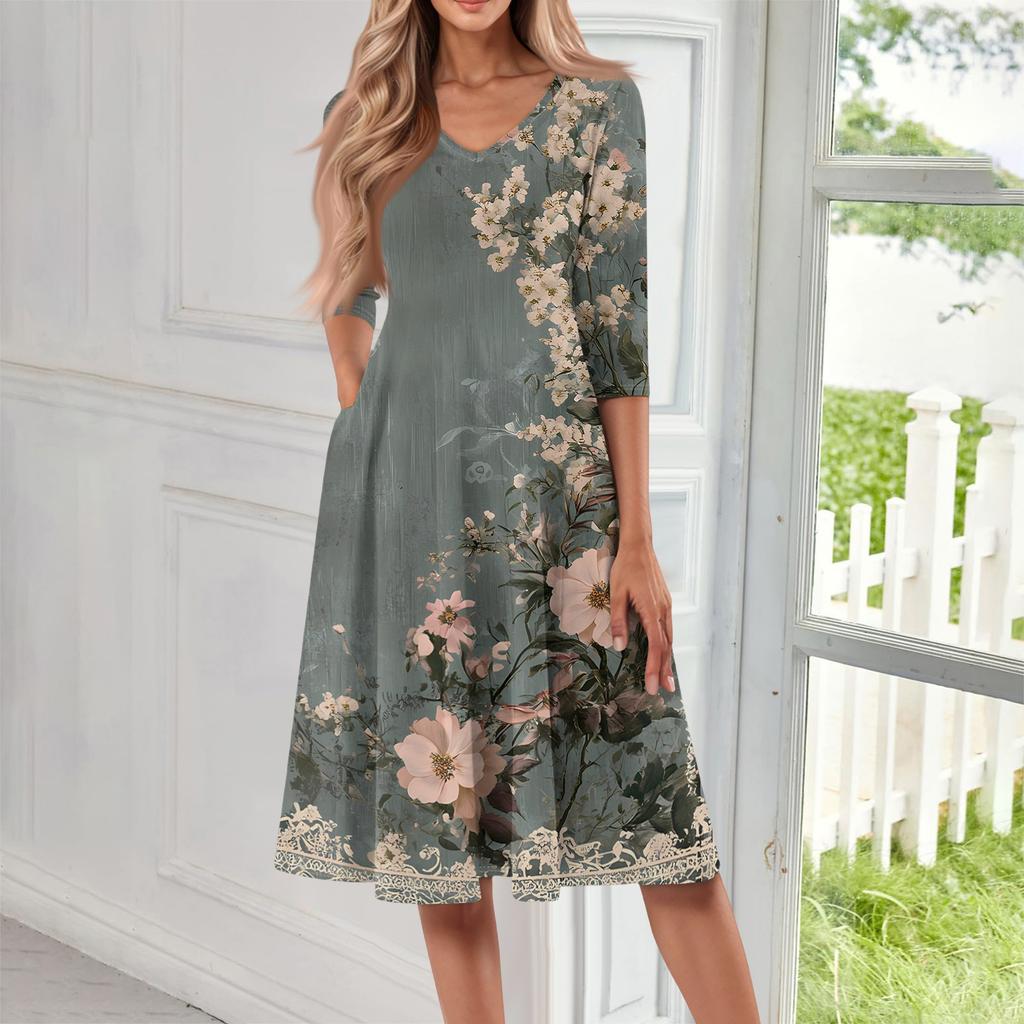 Women's Casual Fashion V Neck Three Quarter Sleeve Print Midi Dress