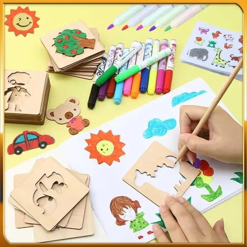 Zufällige 32 Stück Kinder Holz Zeichenspielzeug DIY Malvorlagen Schablone Bastelspielzeug Puzzle Lernspielzeug für Kinder Geschenke