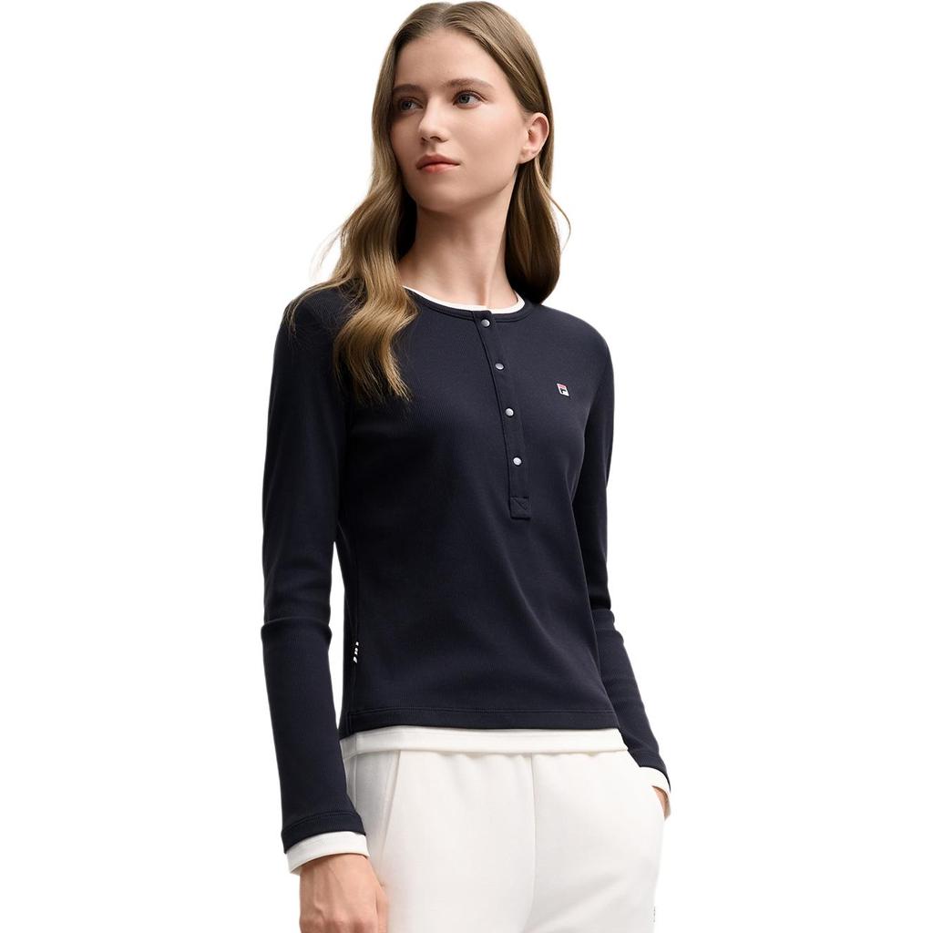 Fila Heritage Faux Two-Piece Casual Slim Fit Knit Crew Neck Long Sleeve T-Shirt Women Tops F11W548214F-NV