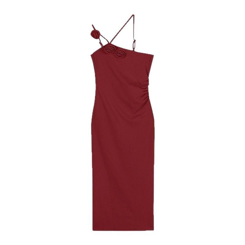 Red Flower Sexy Suspender Dress Women's Summer Pure Desire To Show Thin Hip Skirt Niche Split End Waist Long Dress