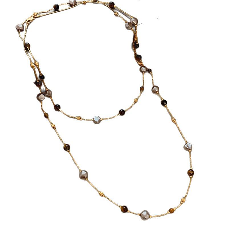 Maillard Tiger Eye Pearl Double Layer Retro Necklace - Versatile Autumn/Winter Sweater Chain