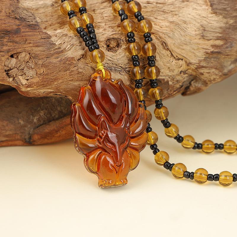 Medium Long Pink Crystal Nine-Tailed Fox Necklace with Green Chalcedony Jade Pendant