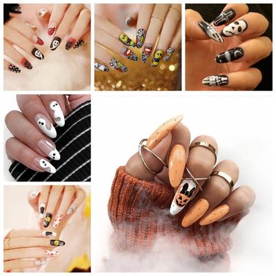 24pcs/set Quick Nial Halloween Round Long Wear Nail Stickers Finished Manicure