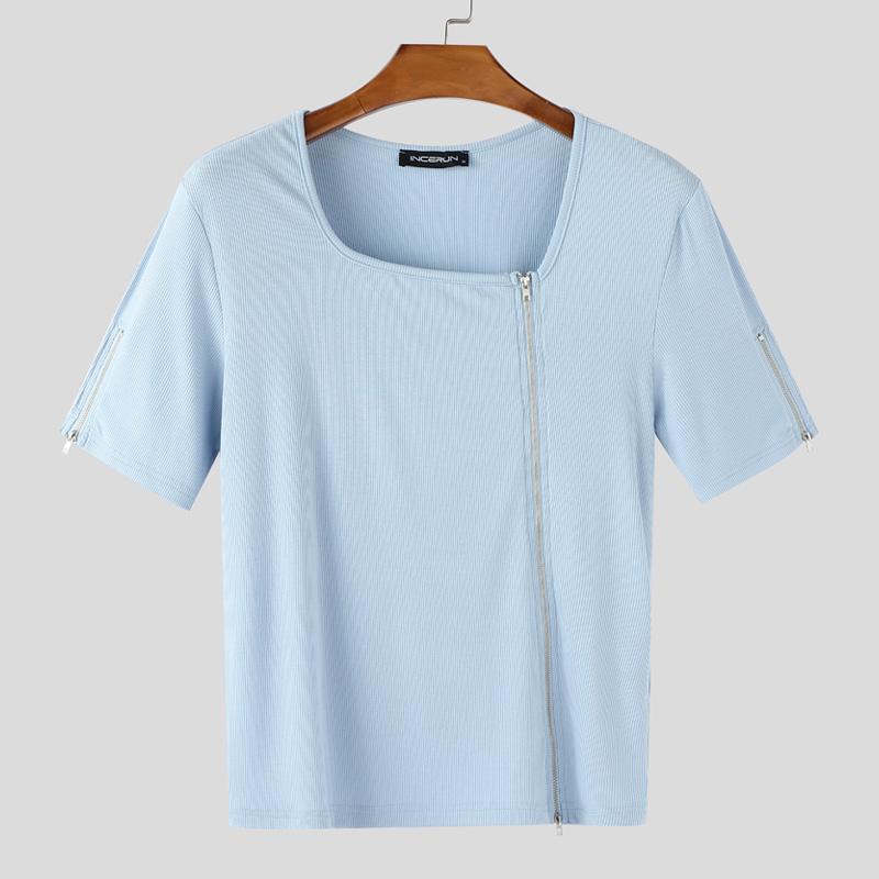 

INCERUN Мужские футболки с квадратным вырезом, коротким рукавом, на молнии, повседневные, облегающие, рубчик, укороченные 3XL синий