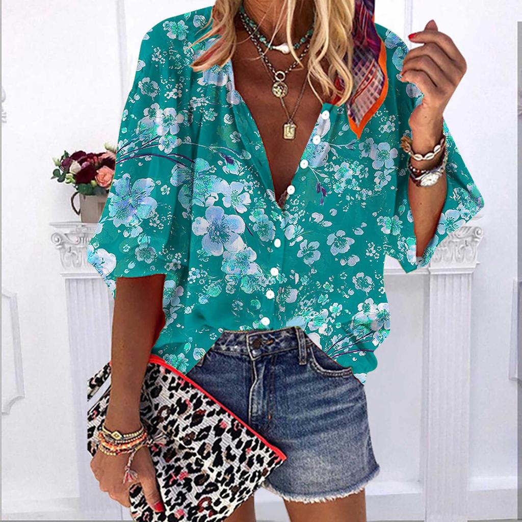 2023 Summer Autumn New Fashion Women's Tops Orange Plum Printed Half Sleeve Casual Plus Size Button-down Shirt with Bubble Sleeves