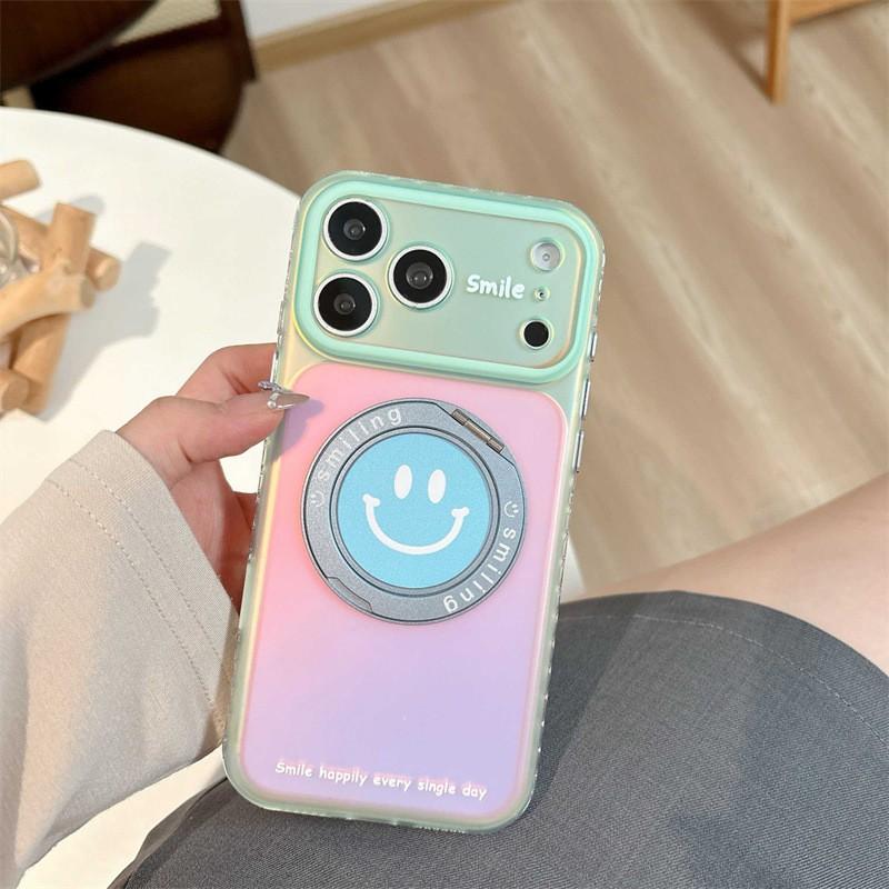 Colorful Smiley Face Magnetic Rotating Stand Case IPhone 17 16 Pro Max 15 Soft Silicone Cover Anti-Drop Protection